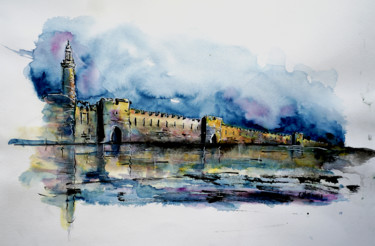 Painting titled "Aigues Mortes entre…" by Christel Montauban, Original Artwork, Watercolor