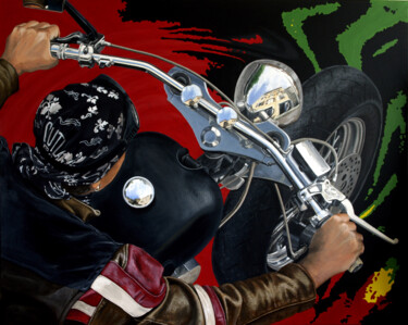 Painting titled "Vieux motard que ja…" by Christian Assel, Original Artwork, Acrylic Mounted on Wood Stretcher frame