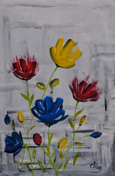 Painting titled "Fleurs primaires" by Christian Bailly-Grandvaux, Original Artwork, Acrylic
