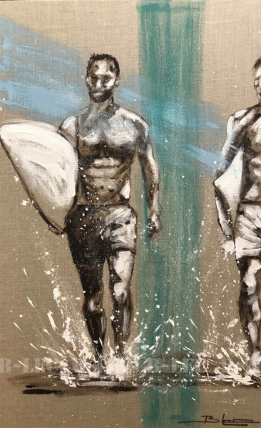 Painting titled "Les surfeurs" by B-Lec, Original Artwork, Acrylic Mounted on Wood Stretcher frame