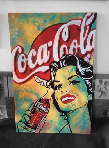 Schilderij getiteld "Coca Cola" door Christian Berger, Origineel Kunstwerk, Acryl Gemonteerd op Frame voor houten brancard