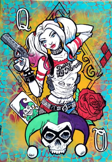 Ζωγραφική με τίτλο "Harley Quinn" από Christian Berger, Αυθεντικά έργα τέχνης, Ακρυλικό Τοποθετήθηκε στο Ξύλινο φορείο σκελε…