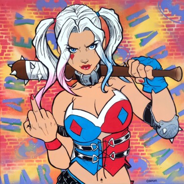 Painting titled "Harley Quinn 2" by Christian Berger, Original Artwork, Acrylic Mounted on Wood Stretcher frame