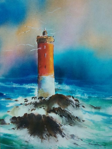 Painting titled "Le phare breton" by Christian Bessede, Original Artwork, Watercolor