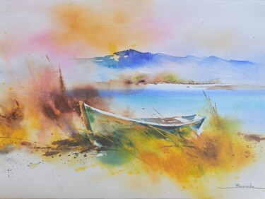 Pintura intitulada "La barque de Gruiss…" por Christian Bessede, Obras de arte originais, Aquarela