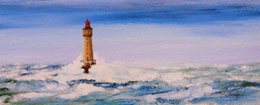 Painting titled "Phare la Jument 2" by Christian Biard, Original Artwork, Oil Mounted on Wood Stretcher frame