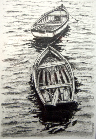 Dessin intitulée "Les deux canots." par Christian Biard, Œuvre d'art originale, Autre
