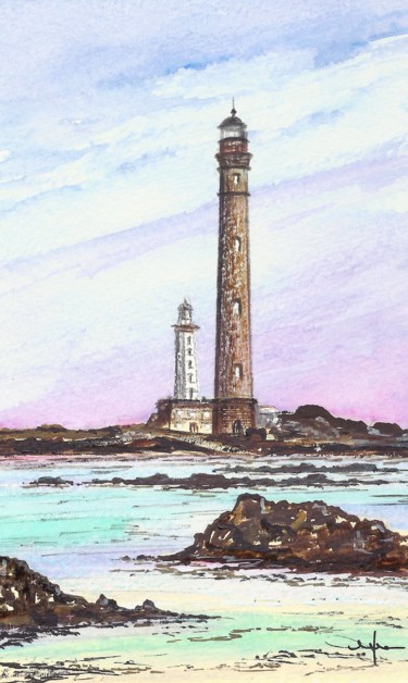 Painting titled "Phare de l' île Vie…" by Christian Biard, Original Artwork, Oil