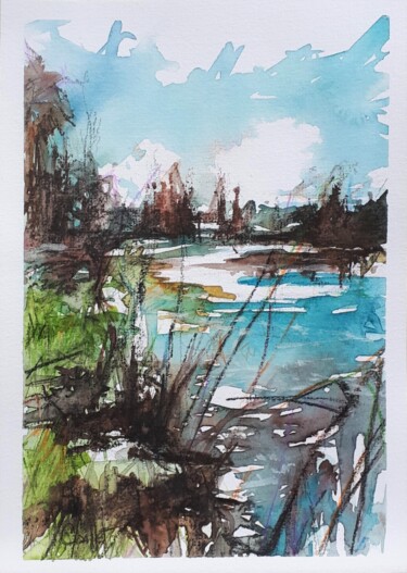 Painting titled "Chemin du lac" by Christian Caillet, Original Artwork, Watercolor