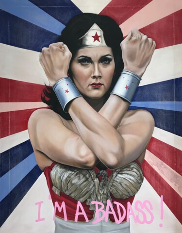 Painting titled "Wonder Woman" by Christian Charrière, Original Artwork, Oil Mounted on Wood Stretcher frame