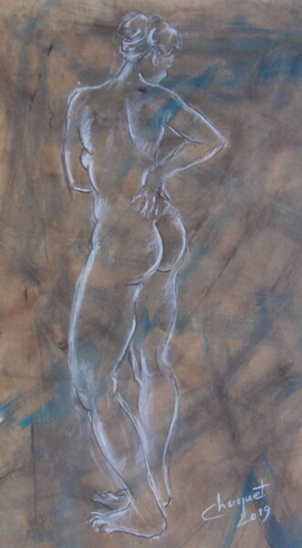 Tekening getiteld "Femme de dos nue" door Christian Choquet, Origineel Kunstwerk, Conté