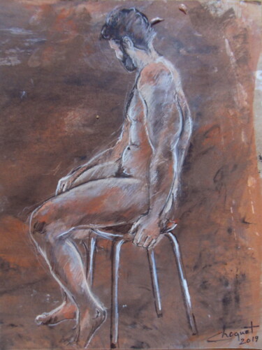 Drawing titled "Homme assis sur tab…" by Christian Choquet, Original Artwork, Acrylic