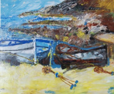 Peinture intitulée "barques sur sable" par Christian Deligny, Œuvre d'art originale, Acrylique