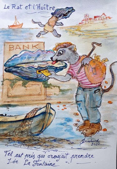 Dessin intitulée "Le Rat et L'Huître" par Christian Eprinchard, Œuvre d'art originale, Aquarelle