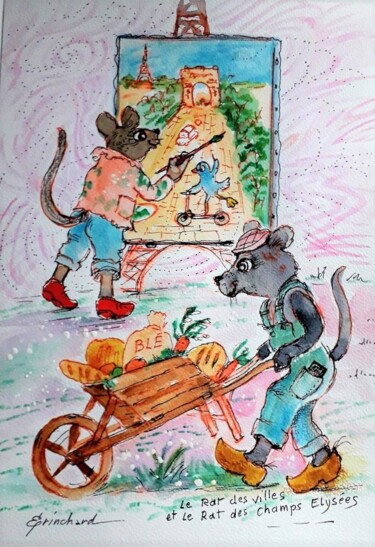 Картина под названием "Le rat des villes e…" - Christian Eprinchard, Подлинное произведение искусства, Акварель