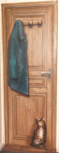 Painting titled "La porte au chat" by Christian Eprinchard, Original Artwork, Oil Mounted on Wood Panel