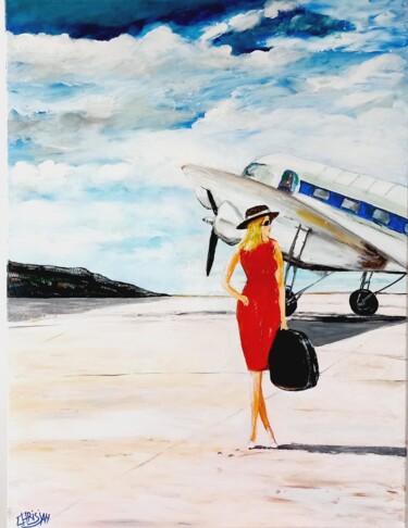 Painting titled "FEMME AEROPORT CUBA…" by Christian Garnier, Original Artwork, Acrylic Mounted on Wood Stretcher frame