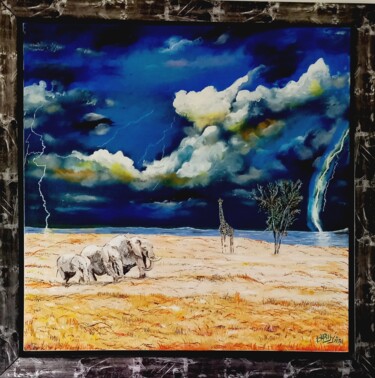Картина под названием "ORAGE SUR LA SAVANE" - Christian Garnier, Подлинное произведение искусства, Акрил Установлен на Дерев…