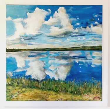 Painting titled "REFLETS DANS LE LAC" by Christian Garnier, Original Artwork, Acrylic Mounted on Wood Stretcher frame
