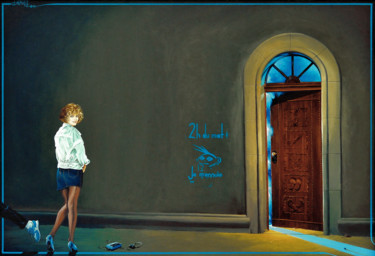 Peinture intitulée "Blue running away" par Christian Girault, Œuvre d'art originale, Huile Monté sur Carton