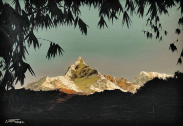Painting titled "Machhapuchare" by Christian Girault, Original Artwork, Oil Mounted on Wood Stretcher frame