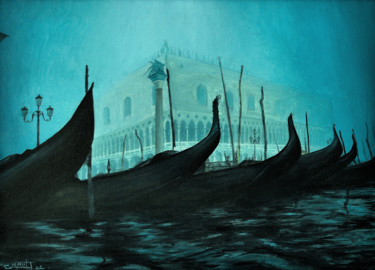 Pintura intitulada "Ghostly canal" por Christian Girault, Obras de arte originais, Óleo Montado em Cartão