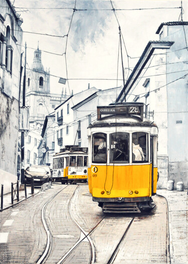 Painting titled "Electric Lisbon" by Christian Girault, Original Artwork, Oil Mounted on Wood Stretcher frame