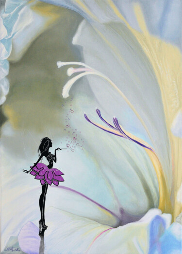 Painting titled "The floral fairy (s…" by Christian Girault, Original Artwork, Oil Mounted on Wood Stretcher frame