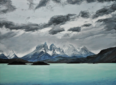 Painting titled "Cuernos del Paine (…" by Christian Girault, Original Artwork, Oil Mounted on Wood Stretcher frame