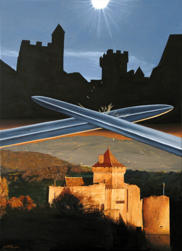 Painting titled "Beynac vs Castelnaud" by Christian Girault, Original Artwork, Oil Mounted on Wood Stretcher frame