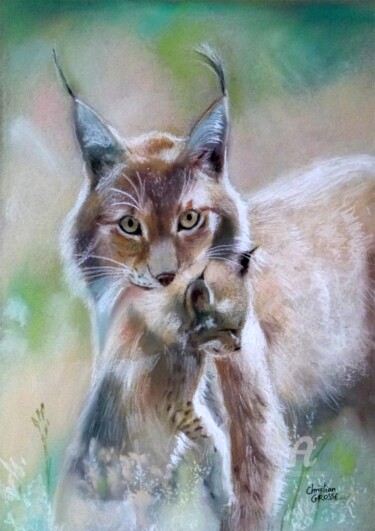 Dibujo titulada "Lynx et son petit" por Christian Grosse, Obra de arte original, Pastel
