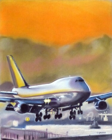 Drawing titled "747 landing" by Christian Grosse, Original Artwork, Pastel
