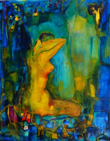 Peinture intitulée "Nu sur fond bleu" par Christian Hunziker, Œuvre d'art originale, Huile