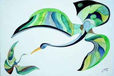 Peinture intitulée "Couple d'oiseaux 2" par Christian Hunziker, Œuvre d'art originale, Aquarelle