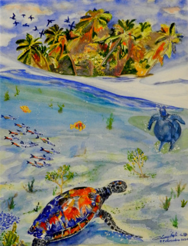 Peinture intitulée "l-ile-aux-tortues-j…" par Christian Leroy Napoli, Œuvre d'art originale, Aquarelle