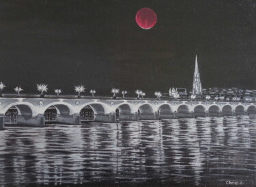 Painting titled "Lune rouge" by Christian Lopez, Original Artwork, Oil