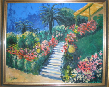 Painting titled "Bormes les mimosas" by Christian Mezzatesta, Original Artwork, Oil Mounted on Wood Stretcher frame