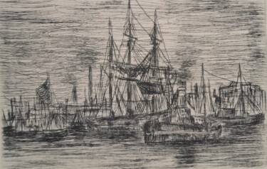 Gravures & estampes intitulée "Port de Londres" par Christian Nouyrigat, Œuvre d'art originale, Gravure