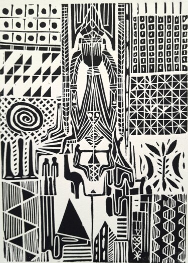 Gravures & estampes intitulée "Inconscient Africain" par Christian Nouyrigat, Œuvre d'art originale, Linogravures