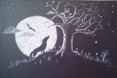 Disegno intitolato "under the moon" da Krystian, Opera d'arte originale, Scratchboard