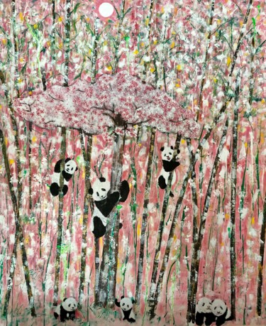 Painting titled "Panda Paradise" by Christian Perez De Carvasal, Original Artwork, Oil Mounted on Wood Stretcher frame