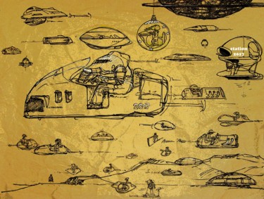 Zeichnungen mit dem Titel "space traffic 7" von Christian Rolland, Original-Kunstwerk, Marker