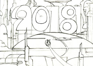 Zeichnungen mit dem Titel "2018 space traffic 2" von Christian Rolland, Original-Kunstwerk