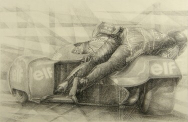Dessin intitulée "sidecar speed 90" par Christian Rolland, Œuvre d'art originale, Fusain
