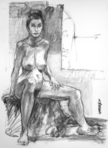 Drawing titled "fusain 1997 60" by Christian Rolland, Original Artwork, Charcoal