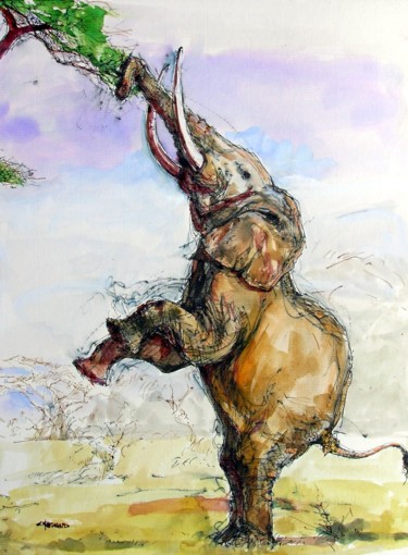 Schilderij getiteld "éléphant" door Christian Rolland, Origineel Kunstwerk, Gouache