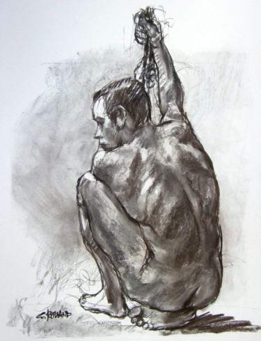 「fusain 50/65 2002 1」というタイトルの描画 Christian Rollandによって, オリジナルのアートワーク, 木炭