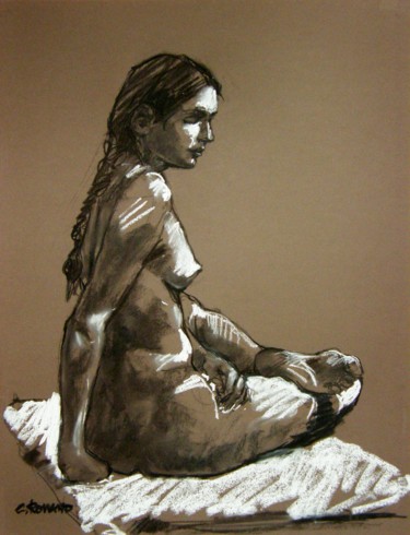 Рисунок под названием "fusain & craie 50/6…" - Christian Rolland, Подлинное произведение искусства, Древесный уголь