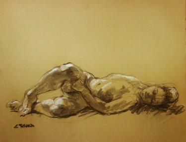 Drawing titled "fusain/craie 2005 98" by Christian Rolland, Original Artwork, Charcoal