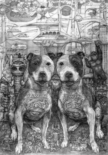 Tekening getiteld "twin super dog" door Christian Rolland, Origineel Kunstwerk, Houtskool